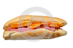Deep fried potato chips with Lunch meats, cold cuts, luncheon cooked sliced cold delicatessens deli beef meats in a bun bread, photo