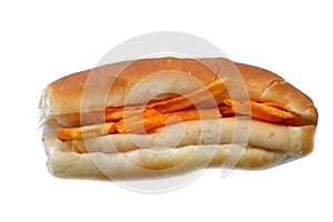 Deep fried potato chips with Lunch meats, cold cuts, luncheon cooked sliced cold delicatessens deli chicken meats in a bun bread, photo