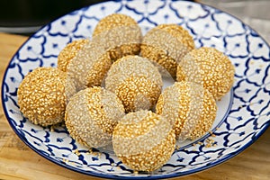 Deep fried sesame balls Chinese street food in Nankin-machi neighborhood in Kobe, Japan.