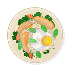 Deep Fried Shrimps Served on Plate with Rice and Greenery Garnishing Top View Vector Illustration