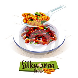 Deep fried silkworms. insect food. Entomophagy concept - vector photo