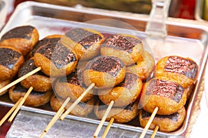 Deep fried skewers Chinese street food in Nankin-machi neighborhood in Kobe, Japan.