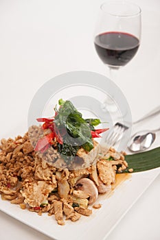 Deep fried soft shell carb and chicken basil stir fried