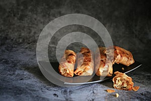 Deep fried spring roll in black rectangle plate on cement table