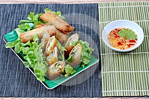 Deep fried spring roll and sour sweet sauce.