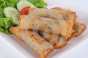 Deep fried spring rolls on white dish