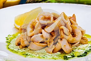 Deep fried squid rings or calamari with sauce and lemon on white plate