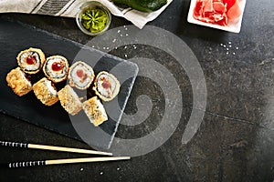 Deep Fried Sushi Rolls with Salmon and Cream Cheese Top View