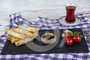 Deep Fried Turkish Sigara Shaped Rolls Spring roll Sigara Borek. Sigara Boregi Turkish fried dough borek