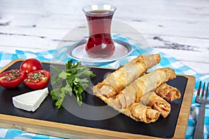 Deep Fried Turkish Sigara Shaped Rolls Spring roll Sigara Borek. Sigara Boregi Turkish fried dough borek