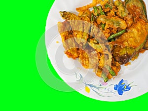 Deep fried vegetable, Thai style, on white dish, green die cut