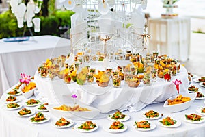 Deep Fried Wanton or Fried Dumpling and Deep Fried Fish Fillet with Fried Beans Nuts Snack on White Table for Wedding Decorated in