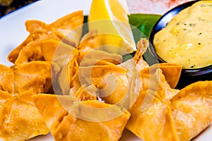 Deep fried wontons on white plate