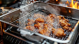 The deep fryers lid securely closed with a latch and a clear window to monitor cooking progress photo