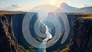 Deep gorge, distant peak, sunlight illuminates chasm, erosion, light