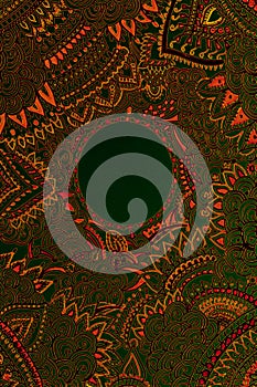 Deep green circle and backdrop with colorful floral patterns in green, orange. Abstract digital art.