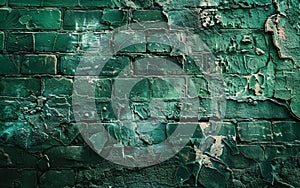 The deep green hues of peeling paint on a brick wall depict the relentless force of nature and time. This texture speaks