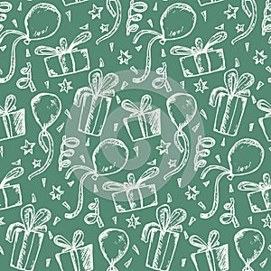 Deep green pattern with sketch gifts and balloons