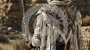 Deep in the heart of the Western desert a nomadic outlaw roams the land their structured vest adorned with intricate