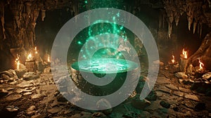 Deep within a hidden underground cave a group of sorcerers gather around a bubbling cauldron its contents a mixture of photo