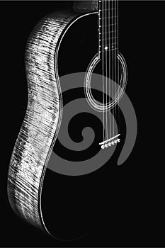 Deep High Contrast Silhouette of an Acoustic Guitar with figured wood on it`s side