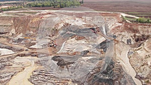 Deep huge mining quarry with huge mounds of minerals. Excavators are loading iron ore at mining quarry. Mining equipment at sand o