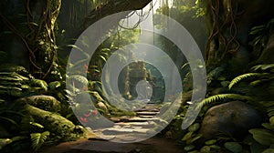 Deep jungle adventure background with virtual scenery, Generative AI