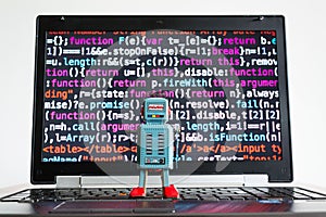 Robot with source code screen, artificial intelligence, deep learning concept