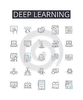 Deep learning line icons collection. Automation, Digitization, Software, Hardware, Nerks, Databases, Algorithms vector
