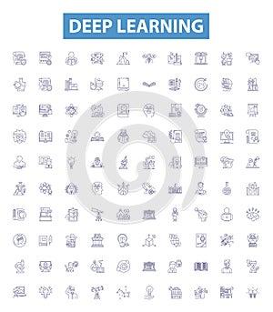 Deep learning line icons, signs set. Deep learning, Neural networks, Machine learning, Backpropagation, CNN, NLP, AI photo