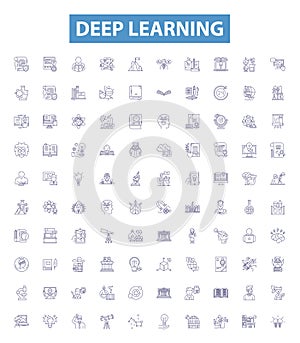 Deep learning line icons, signs set. Deep learning, Neural networks, Machine learning, Backpropagation, CNN, NLP, AI