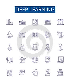 Deep learning line icons signs set. Design collection of Deep learning, Neural networks, Machine learning photo