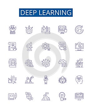 Deep learning line icons signs set. Design collection of Deep learning, Neural networks, Machine learning photo