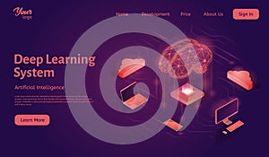 Deep learning system landing web page template. Artificial intelligence isometric vector illustration.
