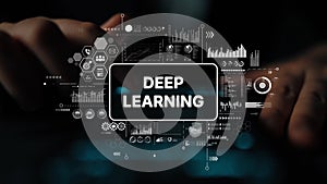 Deep Learning Technology for Data Analysis and Artificial Intelligence Visualization Concept with Hands Interaction