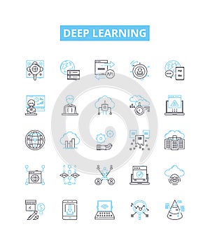 Deep learning vector line icons set. Deep, Learning, Neural, Networks, AI, Machine, Learning illustration outline