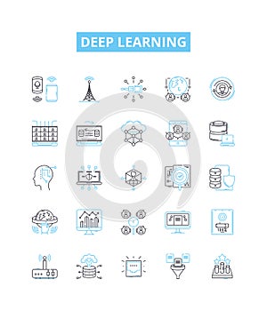 Deep learning vector line icons set. Deep, Learning, Neural, Networks, AI, Machine, Learning illustration outline