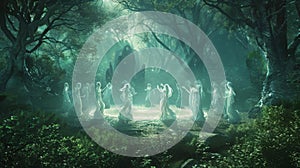 Deep in a magical forest a circle of dancing spirits sway to the rhythm of haunting music played by a ghostly orchestra