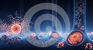 Deep microscopic view of glowing cell structures