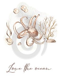 Deep ocean, seabed, octopus, algae, fish, seashell, love the ocean watercolor card