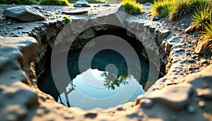 Deep pothole in riverbed, worn smooth by water, design, water, whirlpool