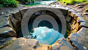 Deep pothole in riverbed, worn smooth by water, texture, erosion