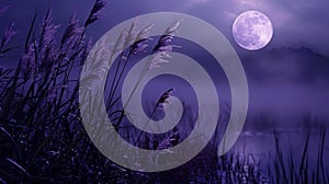 Deep purple hues engulf a moonlit meadow its grasses swaying in the gentle breeze as the full moon reflects in a nearby