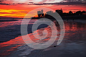 Deep purple and orange sunset looking towards Anacapa Island, Ventura, California, USA