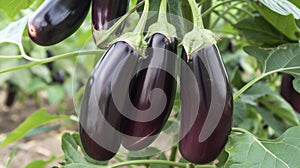 The deep purple skin of an eggplant glossy and smooth hiding the firm and pale inside ready to be harvested in the late