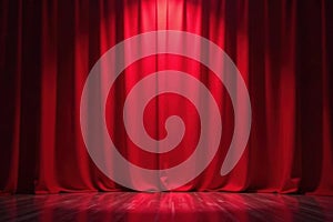 Deep red curtain backdrop, spotlight center stage, drape, red