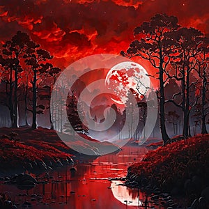 a deep red forest with tall trees and a moon in the background illuminated by a starry night sky