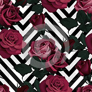 Deep red roses vector seamless pattern. Dark flowers on black and white chevron background, flowered texture