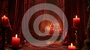 Deep red velvet curtains framing the candlelit scene adding a touch of richness and romance. 2d flat cartoon