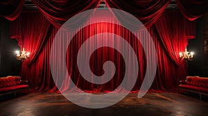 Deep Red Velvet Theatre Curtains and Wooden Stage Floor. Generative AI